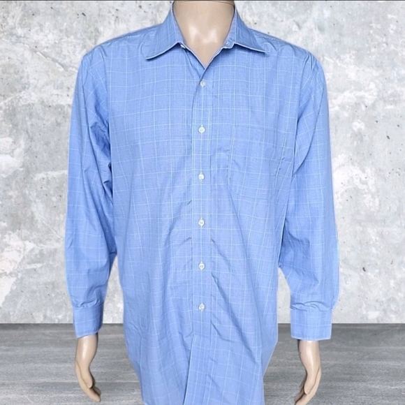 Vintage Brooks Brothers 346 Shirt Mens 16.5-2/3 Blue Windowpane Regular Fit - Picture 1 of 12
